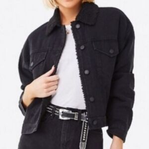 Forever 21 Black Faux Shearling Lined Denim Jacket Small - New With Tags